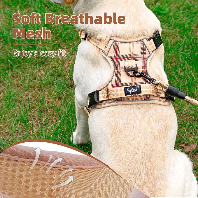 PUPTECK No Pull Dog Harness Medium Sized, Adjustable Reflective Dog Harness with Handle Easy Control, Comfortable Soft Padded Pet Vest Harness for Medium Dogs, Plaid Beige M - Image 5