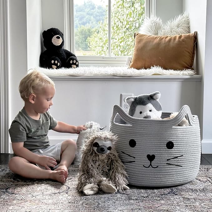 Large Woven Rope Cat Toy Basket with Cat Face Design, Grey | 15.7" x 11.8" Toy Bin & Box for Living Room Nursery, Baby Storage Basket for Towels, Blankets, with Sturdy Handles - Image 2