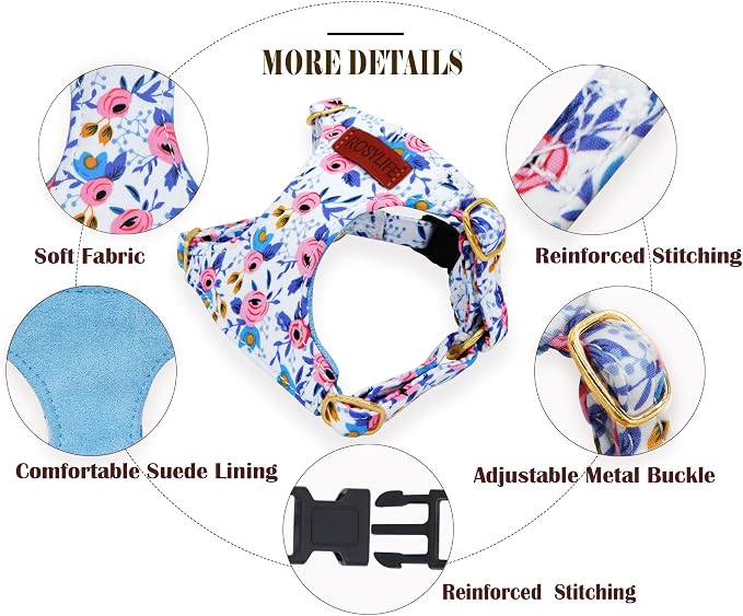 No Pull Dog Harness Adjustable Small Dog Harness and Leash Set, Lightweight and Soft Dog Harness No Choke Escape Proof Pet Harness Vest (Blue Rose, S) - Image 2