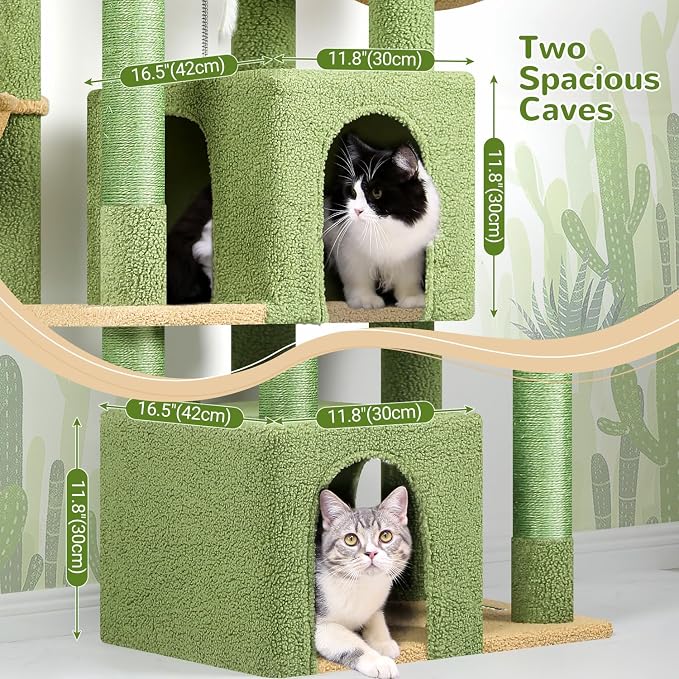 Globlazer Cactus Sturdy Cat Tree for Indoor Cats 20 lbs, S68, Green | 68-inch Large Cat Tower for Adult Big Cats, Heavy Duty Cat Tree with Extra Large Platform, 5 Scratching Post - Image 3