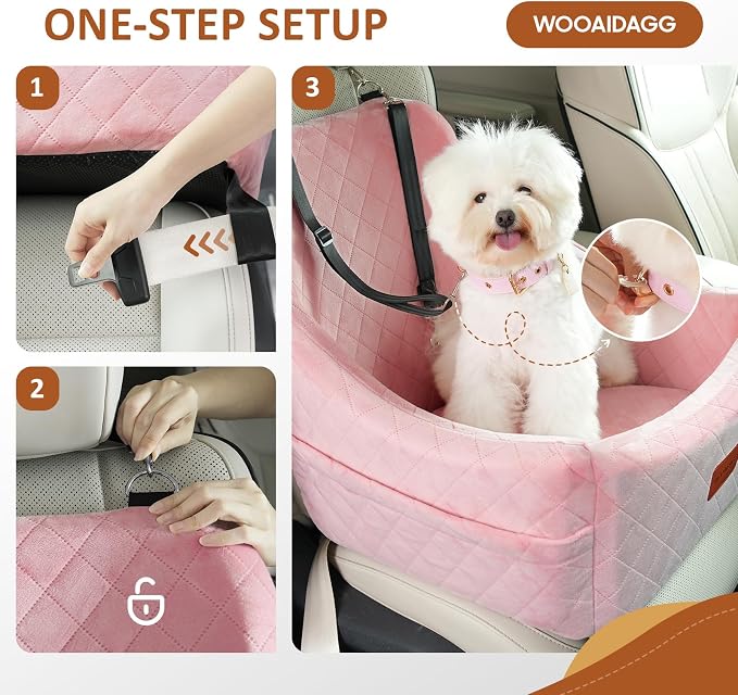 WOOAIDAGG Dog Car Seat for Medium Dogs, Pet Travel Bed with Seat Belt Channel, Fully Detachable and Washable, 3 Straps Easy to Install (Pink) - Image 5
