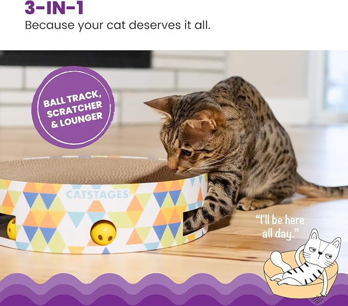 Catstages Bowl Track Scratcher 3-in-1 Ball Track, Scratcher, Lounger, 13.8" | Corrugated Scratch Pad & Lounger + Ball Track Cat Toy with 2 Balls for Interactive Play, Indoor Enrichment, Cats & Kittens - Image 2