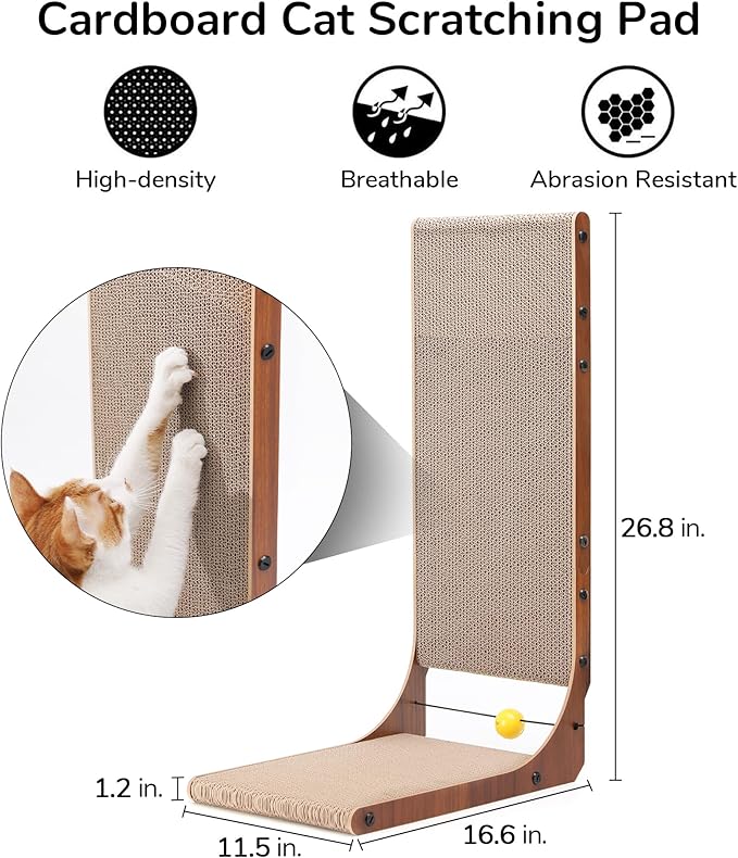 FUKUMARU Cat Scratcher for Indoor Cats, 26.8 Inch Cat Scratch Pad L Shaped | Cardboard Cat Scratcher, Vertical Cat Scratching Board with Ball Toy, Walnut Color, 1 Pack - Image 3