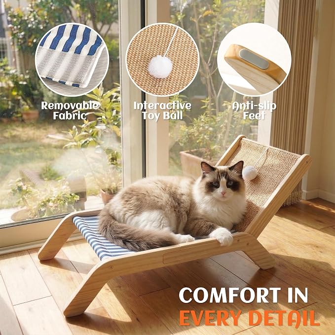 PETKARAY Cat Hammock with Coconut Palm Tree Scratching Post, Cozy Beach Chair Elevated Cat Beds, Original Lounger for Indoor Cats - Image 4