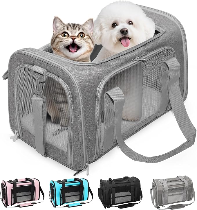 Soft-Sided Cat Carrier 20x13x13 in Expandable Travel Pet Bag 22LBS | For Cats and Small Dogs with Anti-Scratch Mesh Washable Mat Collapsible Escape-Proof Airline Approved with Shoulder Strap by Lowiparr