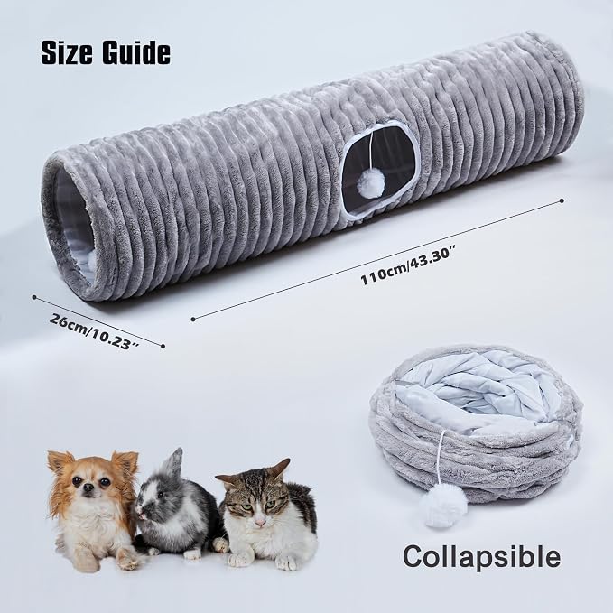 Luxurious Cat Tunnel,43" Straight Cat Tunnel Bed with Balls,Cat Toys for Indoor Cats,Collapsible Peekaboo Cat Cave for Kitten Toys (Gray Stripe) - Image 3