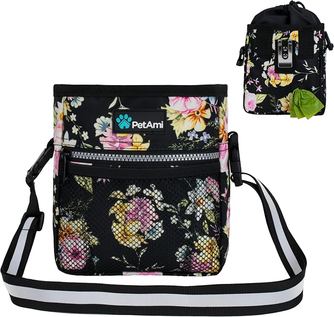 PetAmi Dog Treat Pouch, Pet Treat Pouch for Training, Dog Walking Bag Holder for Kibbles, Pet Food Toy, Dog Trainer Essentials Supplies, Poop Bag Dispenser, 3 Ways to Wear (Floral Black) by PetAmi