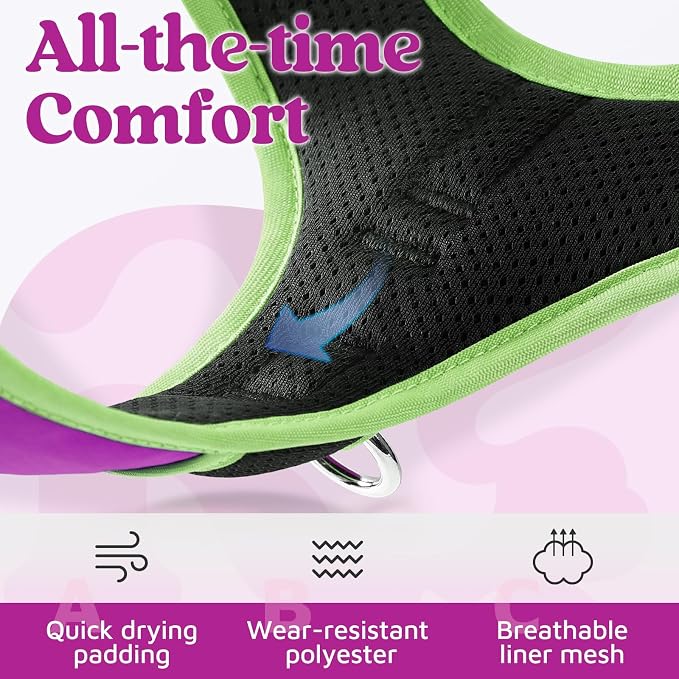rabbitgoo Dog Harness Medium Sized, No Pull 3 Buckles Easy On & Off | Soft Padded, Walking with Control Handle, Adjustable and Reflective, Purple & Light Green, Medium - Image 7