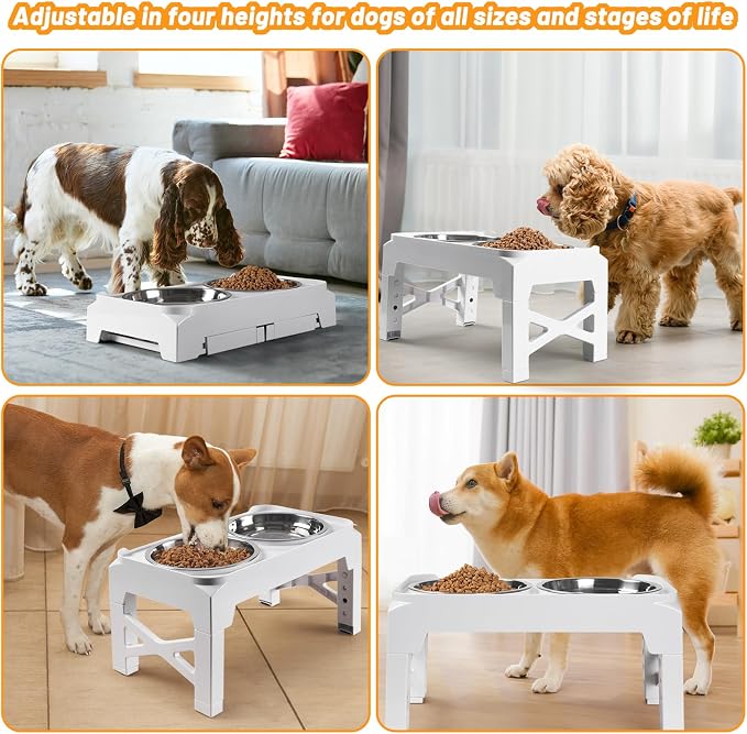 Elevated Dog Bowls with 2 Stainless Steel Food & Water Raised Bowls with No Spill Edge Non-Slip Stand Adjusts to 5 Heights(3.2", 8.77", 9.9",11.1", 12.3") for Small Medium Large Dog and Pet White - Image 6