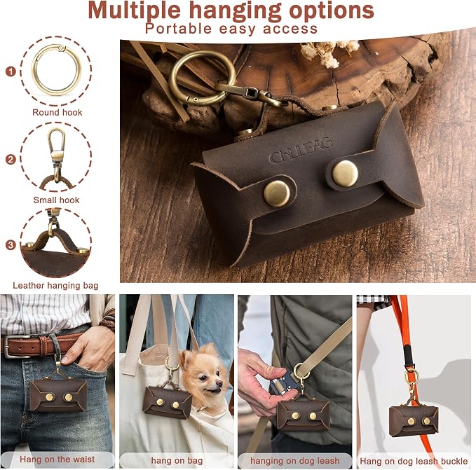 Handmade Leather Dog Poop Bag Dispenser - Stylish and Durable with Belt Attachment for Dog Walkers, Featuring a Brass Metal Clip in Coffee - Image 5