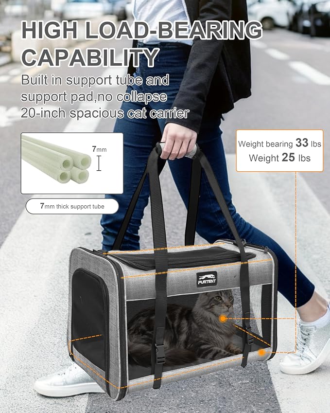 Soft-Sided Large Cat Carrier for 2 Cats, Spacious Foldable Pet Travel Carrier for Large Cats up to 25 Lbs, Double Cat Bag with Shoulder Strap, 20x13x13 Inch, Fits Maine Coon and Small Dogs, Grey | Spacious 20×13×13 in design with reinforced frame for o... - Image 2
