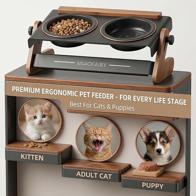 Elevated Cat Bowls 6.8oz x2, Adjustable Raised Cat Bowl Stand, Ceramic Cat Food and Water Bowl Set for Cats and Small Dogs - Image 5