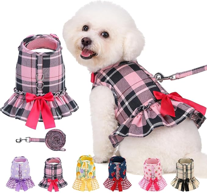 EXPAWLORER Dog Harness Small Medium Sized Dogs, No Choke No Pull Mesh Vest | Plaid Dog Dress Bowknot Harness and Leash Set Soft Cute Princess Puppy Outfits Clothes Costume for Girls Party Cats Pink XS by EXPAWLORER
