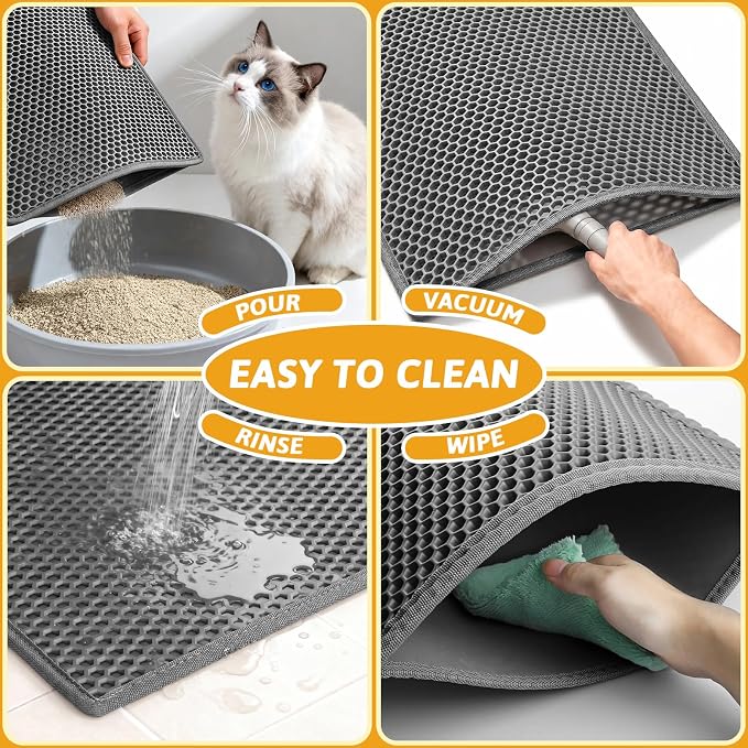 Pieviev Cat Litter Mat, Double-Layer Waterproof Litter Trap, 24" x 15" Gray | Honeycomb Design Catches Scattered Particles to Stop Tracking, Urineproof Base Protects Floors, Easy to Clean - Image 6