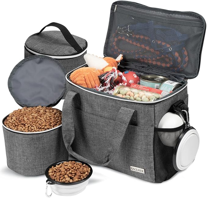 BAGLHER Dog Travel Bag Backpack Pet Supplies Backpack Pet Accessories Storage Bag 5-Piece Set With Shoulder Strap 2 Lined Pet Food Containers 4 Foldable Feeding Bowls Essential Kit for Pet travel by BAGLHER