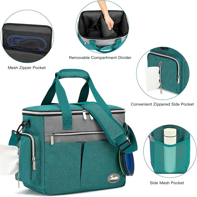Dog Travel Bag for Pet Kit for Supplies with 2 Food Storage Containers 2 Collapsible Bowls 1 Feeding Mat 1 Dog Treat Pouch 7-Piece Set Perfect Road Trips Camping Weekend (Teal) - Image 5