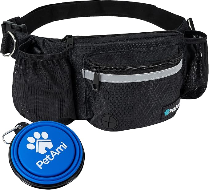 PetAmi Dog Fanny Pack, Treat Pouch for Dog Walking Training, Black | Built in Poop Bag Dispenser, Water Bottle Holder, Collapsible Bowl, Pet Treat Waist Belt for Hiking Running Kibbles by PetAmi