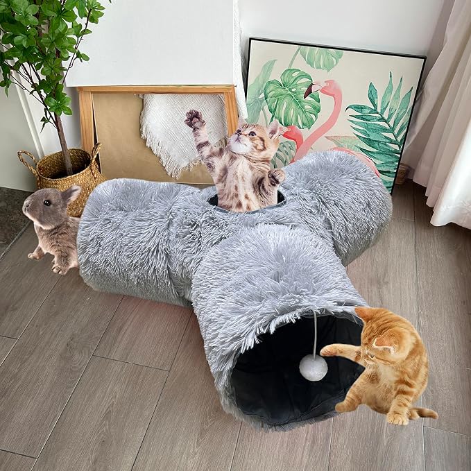 3-Way Collapsible Cat Tunnel Tube Toy Grey Plush | Interactive Play Tunnel with Hanging Ball & Peek Hole for Indoor Cats, Kittens, Puppies & Rabbits | Hours of Fun & Exercise - Image 6