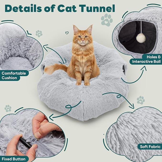 DUMOS Cat Tunnel Bed for Indoor Cats, Cave Donut Play Tunnel, Silver | Soft Plush Peekaboo, Washable Circle Cushion, Multifunctional Playground Under Tree Toys for Kittens, Puppy, Rabbit, Ferret - Image 3