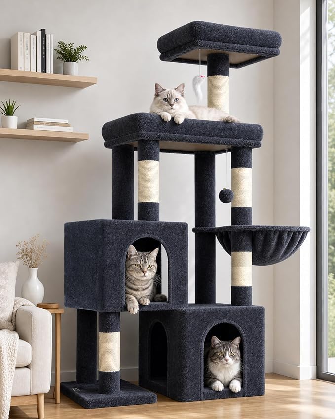 Globlazer 52in Cat Tree Tower for Indoor Cats, 2 Condos, S52, Dark Grey | Multi-Level Plush House, 5 Sisal Scratching Posts, 2 Padded Top Perches, Big Metal Basket, Stable Enlarged Base by Globlazer