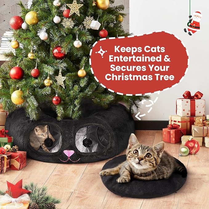 Baseola Fuzzy Cat Tunnel Bed for Indoor Cats, 2-in-1 Interactive Cat Toys | Peekaboo Cat Cave with Washable Mat, Collapsible Cat Play Tunnel for Kittens & Small Pets, Cat Donut Bed Tunnel, Black Pink - Image 7