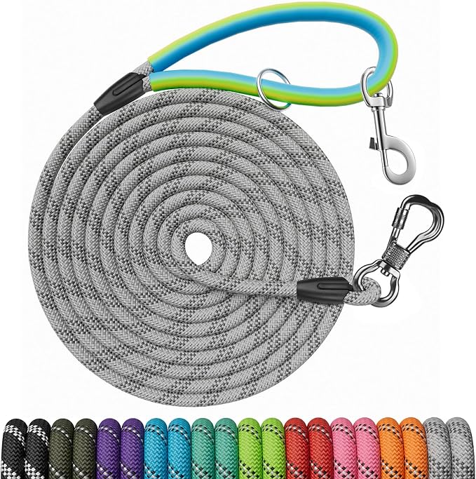 NTR Dog Training Leash, 20FT Check Cord Rope Lead, with 2 Swivel Hooks and Soft Rubber Handle, Long Leash for Walking, Hunting, Camping, Backyard for Small Medium and Large Dogs-Grey by NTR