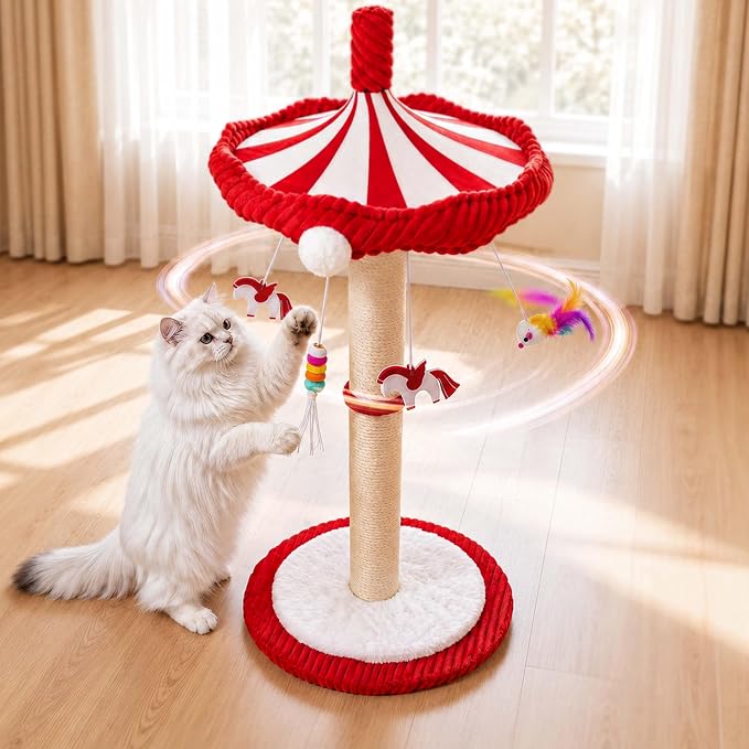 Carousel Cat Scratching Post with Hanging Toys, Interactive Cat Toys | 39" Tall,Cute Cat Post with Rotating Top, Cat Toys for Bored Indoor Adult Cats, Large,Stable, Sisal Rope - Image 2