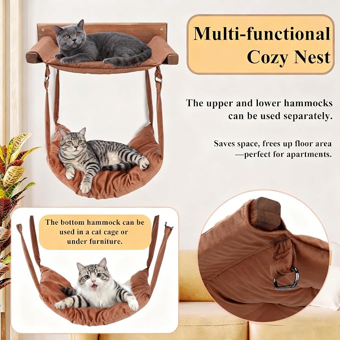 JSPYFITS Wooden Cat Furniture Wall Mounted, Double Layer Hammock, Large Size 18.9″ Removable Multi-Function Cat Bed for Sleep/Play/Climb, Kitten Window Perch, Easy DIY Installation(Brown) - Image 3