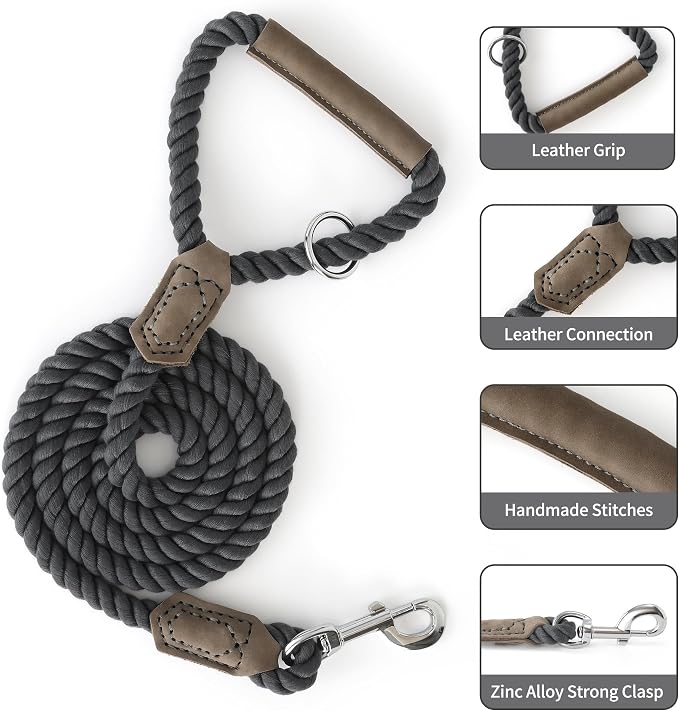 Mile High Life Dog Leash Braided Cotton Rope w/Leather-Wrapped Ends/Handle | Rust-proof 360° swivel clasp, Heavy-duty for medium/large dogs. Great for weddings, daily walks (4 FT, 1/2", Dark Gary) - Image 5