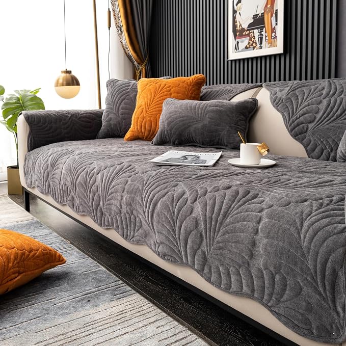 Couch Covers Plush Quilted Sofa Covers for Sectional Sofa Washable | Palm Leaves Couch Cover Chenille Non Slip Sofa Covers Soft Sofa Slipcover Furniture Protector for Pets Kids Children Dogs Cat by WelcometoXSlive