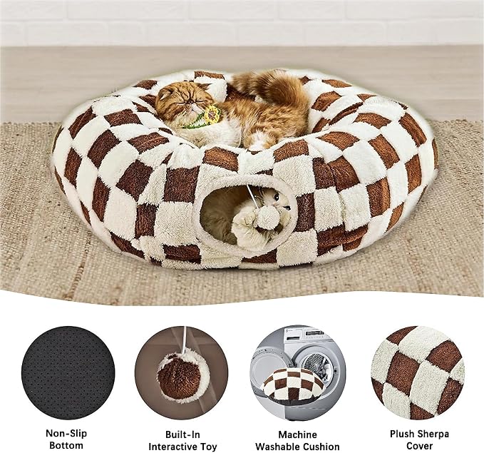 Cat Tunnel Bed with Washable Cushion for Indoor Cat, Donut Cave Tube Toys for Kitten Puppy Rabbit, Brown - Image 5