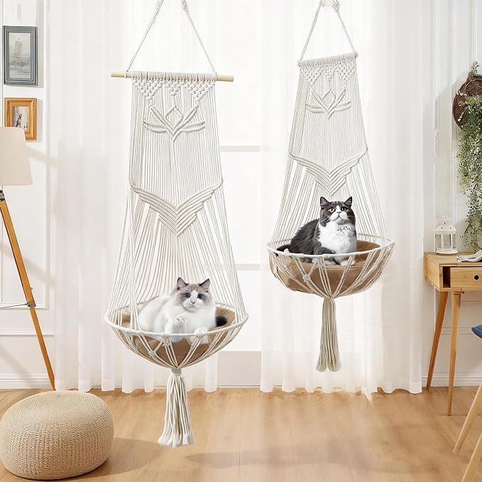Macrame Cat Hammock-Boho Cat Bed Cotton Wall Hanging for Window Indoor Outdoor Home Decor, Macrame Cat Bed Hanging for Sleeping, Playing, Climbing and Lounging 49.2" Lx15.74 W - Image 4