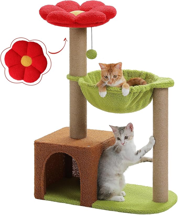 35" Flower Cat Tree for Kittens with Hammock & Sisal Posts, Brown | Flower-shaped top perch, Metal frame hammock, Sisal scratching posts, Cozy pink condo, Sturdy stable base, For small cats by MUTTROS