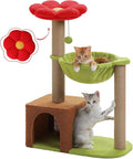 35" Flower Cat Tree for Kittens with Hammock & Sisal Posts, Brown | Flower-shaped top perch, Metal frame hammock, Sisal scratching posts, Cozy pink condo, Sturdy stable base, For small cats by MUTTROS