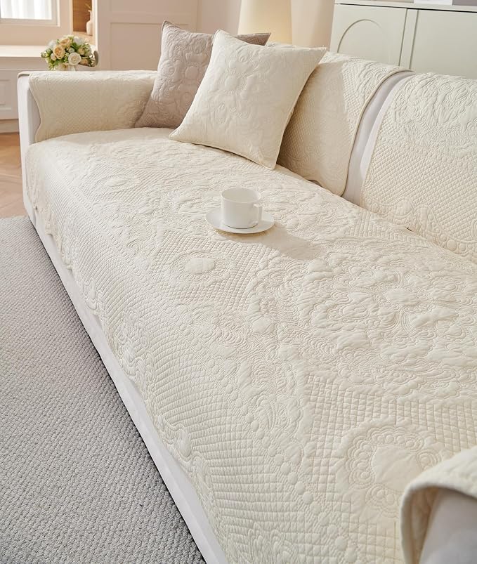 vctops Boho Cotton Quilted Couch Cover Soft Embroidered Sofa Cover Non-Slip Dog Bed Cover Scalloped Sofa Slipcover Washable Furniture Protector Cover (Cream,36"x82") - Image 6