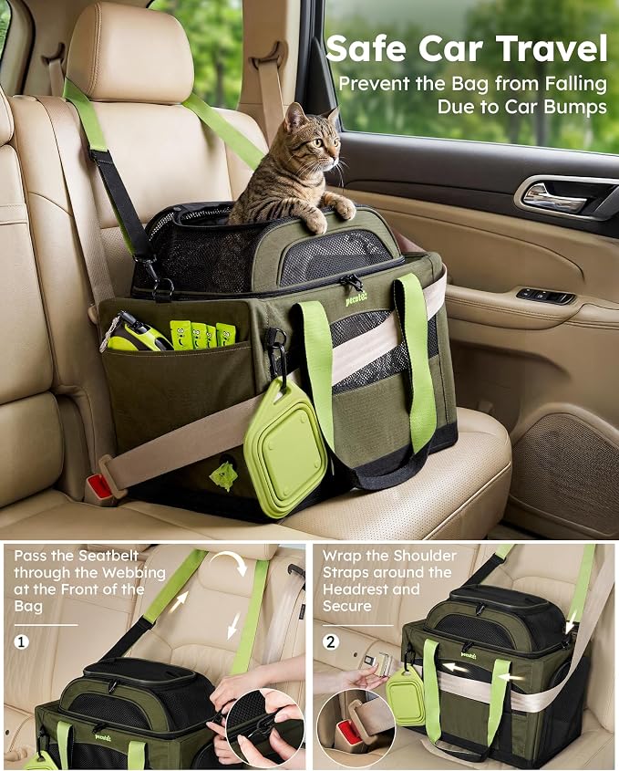 Pecute Cat Carrier,Top Expandable Dog Crate for Travel, Green | 5mm Anti-Collapse Steel Frame, Soft Mesh, Vet Visits, Foldable Travel Crate,Outdoor Hammock, Leakproof Pee Pad & Bowl - Image 8