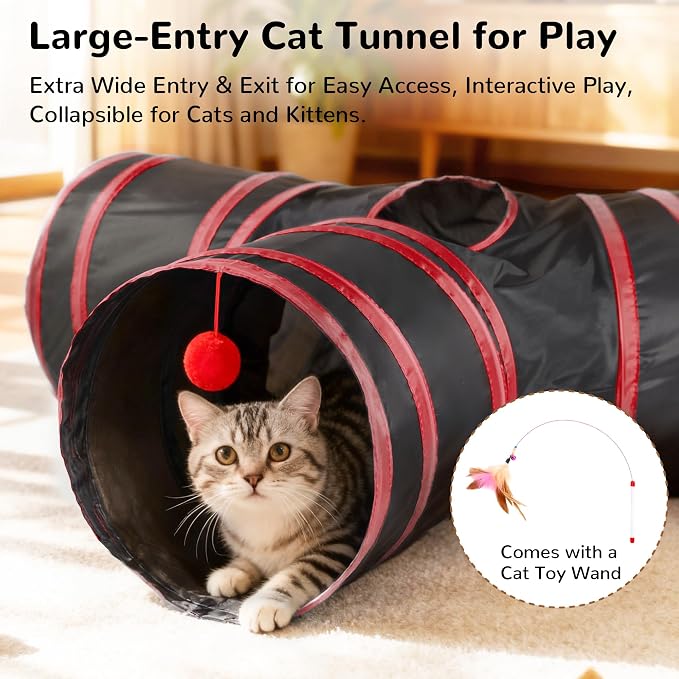 Tempcore Cat Tunnel for Indoor Cats, 3 Way Collapsible Pet Play Tunnel with Teaser Wand, Peek Holes & Hanging Ball, Interactive Tube for Kittens & Rabbits, Black & Red - Image 4