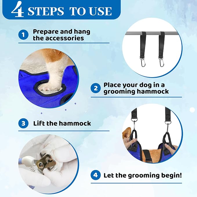 PatiencET Dog Grooming Hammock Kit | For Cats & Dogs up to 17 lb, Hanging Harness and Sling for Nail Trimming, Includes Clippers/Trimmer, File & Comb, Blue S - Image 5