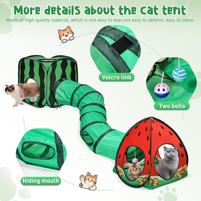 Tailtastic 3-in-1 Watermelon Cat Tunnel with Cube, Tent & Ball for Indoor | 3-way S-tunnel with hide & seek portals & balls, multi-cat cube,30-sec hook-and-loop assembly, foldable for easy storage - Image 5