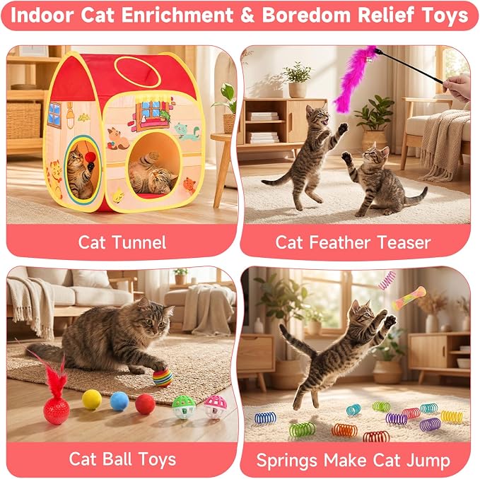 AILUKI 33PCS Cat Toys Variety Pack for Indoor Cats, Kitten Toys Cat Tunnel | Kitten Toys for Indoor Kittens Cat Toy Bundle Set with Feather Teaser Wand, Springs Balls Bell Mice & Interactive Cat Toys - Image 5