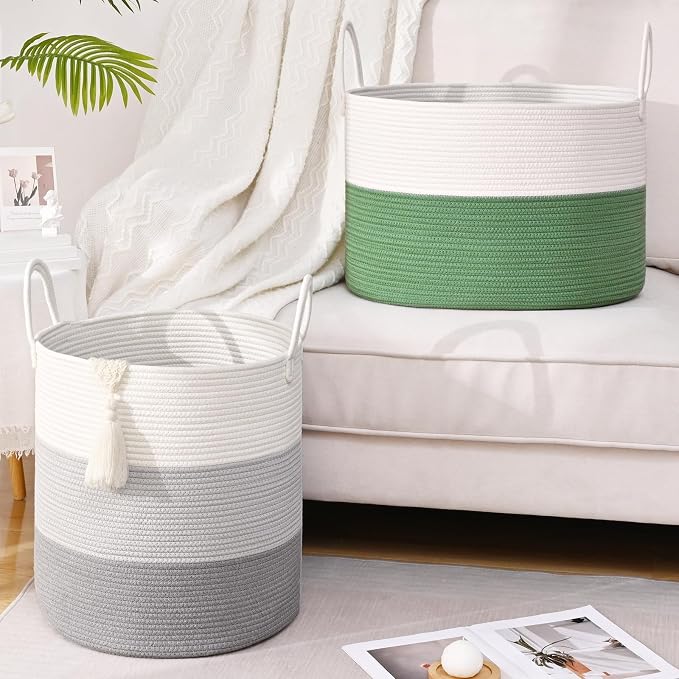 67L Large Woven Blanket Basket, Cotton Rope Baby Laundry Hamper with Handles, Kids Toy Basket for Classroom & Nursery, Soft Round Stuffed Animal Storage, Dog Toy Bin - 20"x13", Green - Image 8
