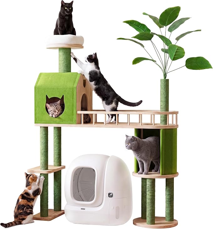 Wood Cat Tower for Self-Cleaning Litter Box, with Faux Plant, 58In | Multi-Level Cat Tree for Adult Large Cats, with Cozy Plush Bed, House, Scratching Posts, Cat Furniture for Indoor Cats, Green - Image 9