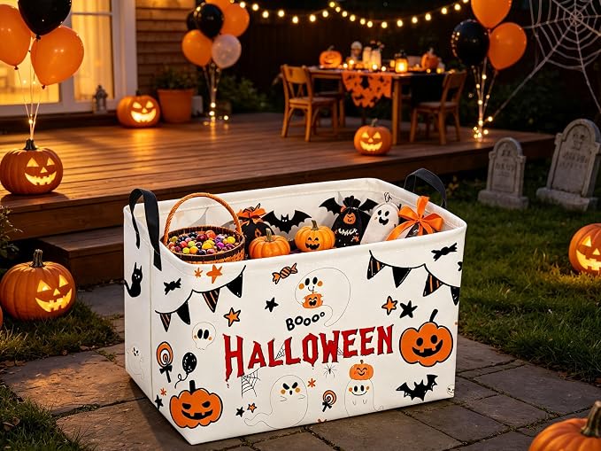 Sanjiaofeng Rectangular Halloween Ghost Storage Basket,Halloween Basket.Cute Baskets for Room Decor, Pumpkin Baskets with Handles.Books Bins,Gifts Box(White Ghost) - Image 2