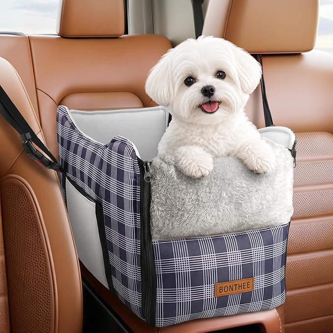 Center Console Dog Car Seat for Small Dogs-Washable Plaid Oxford Pet Booster Seat,Anti-Collapse Design with Soft Plush & Sturdy Support Board,Adjustable Safety Leash for Small Dogs & Cats up to 15 lbs by BONTHEE