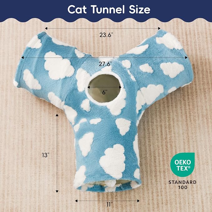 Tempcore Flannel Cat Tunnel for Indoor Cats, 3 Way Collapsible Pet Play Tunnel with Teaser Wand, Peek Holes & Hanging Ball, Interactive Tube for Kittens & Rabbits, Blue Cloud - Image 2