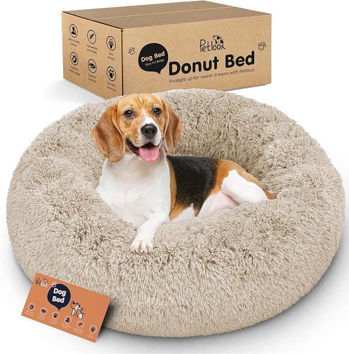 Donut Dog Bed - Premium Comfort for Anxiety Relief - Fluffy & Calming Design with Ultra-Plush Support | Cozy Round Dog Bed with Super Soft Circle Style (Beige, Medium) by Petloox