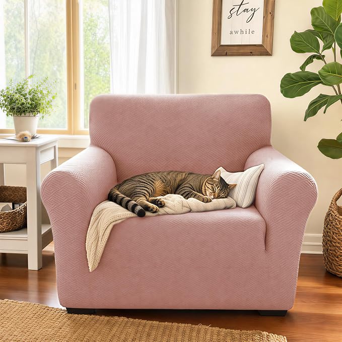 XINEAGE Stretch Jacquard Armchair Cover, Non Slip Sofa Slipcover for Dog | High-Stretch Fabric. Wear-Resistant, Pet Friendly. Easy Install & Washable for Living Rooms, Offices.Dusty Pink - Image 3