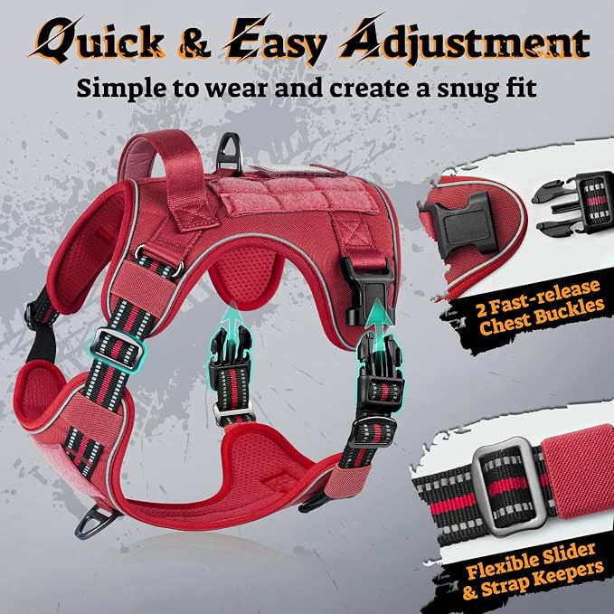 rabbitgoo Tactical Dog Harness for Large Dogs, No Pull Service Pet Vest | Military Molle System & Easy Control Handle, Adjustable and Reflective for Walking and Training, Red, Large - Image 2