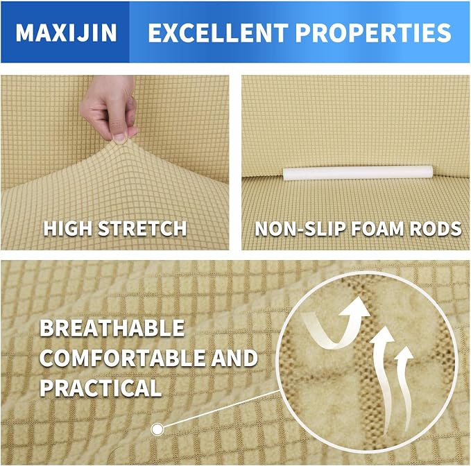 MAXIJIN Super Stretch Couch Cover for 3 Cushion Couch, 1-Piece Universal Sofa Covers Living Room Jacquard Spandex Furniture Protector Dogs Pet Friendly Fitted (Large, Beige) - Image 4
