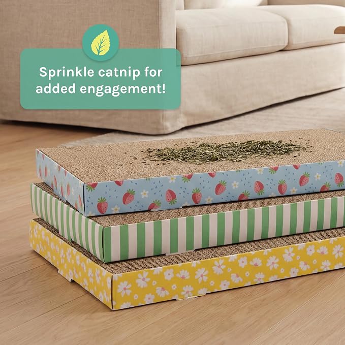 Kitty City 3-Pack XL Double Sided Corrugate Cat Scratcher Pads with Catnip - X-Large Horizontal Cat Scratcher Mats, Reversible Corrugate Nail File Scratchers - Spring Design, 18” x 10” Each - Image 4